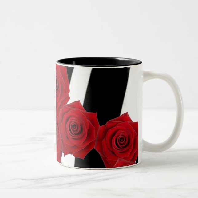 RED ROSES ON BLACK AND WHITE ZEBRA PRINT Two-Tone COFFEE MUG (Right)