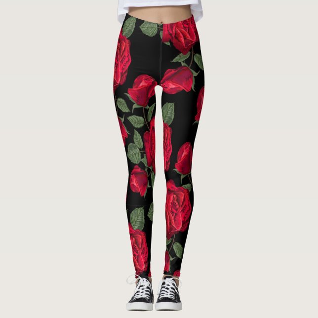 Red Roses on Black Background Leggings (Front)