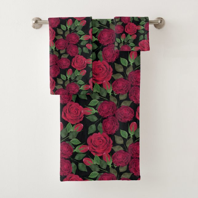 Red roses on black.  bath towel set (Insitu)
