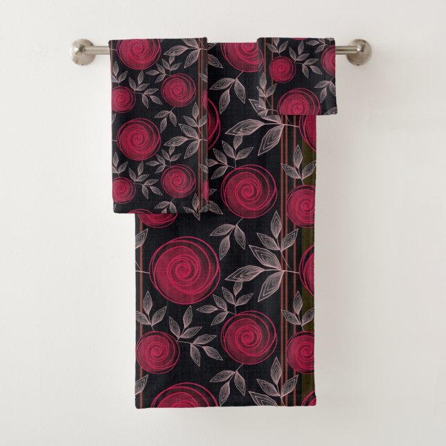 Red roses on black.  bath towel set (Insitu)