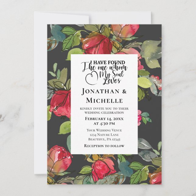 Red Roses on Black Elegant Christian Wedding Invitation (Front)