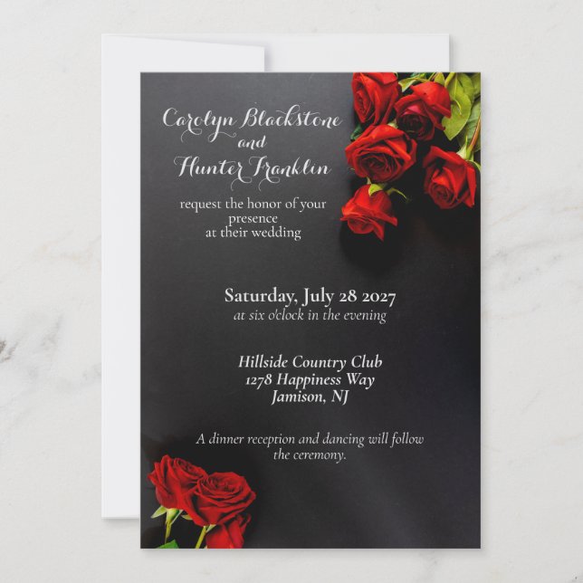 Red Roses on Black Elegant Wedding Invitation (Front)