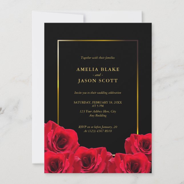 Red Roses on Black | Gold Frame with Photo Wedding Invitation (Front)