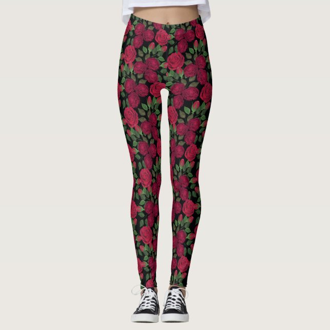 Red roses on black.  leggings (Front)