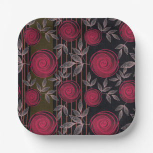 Red roses on black. paper plate