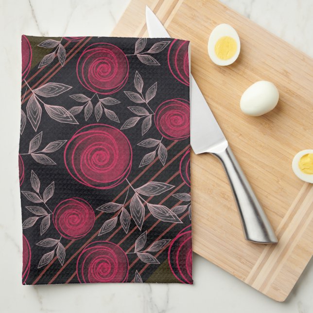 Red roses on black.  tea towel (Quarter Fold)
