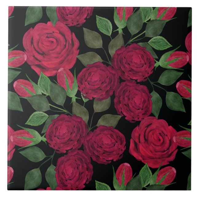 Red roses on black.  tile (Front)