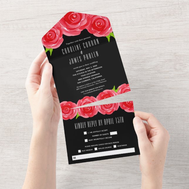 Red Roses on Black Wedding All In One Invitation (Tearaway)