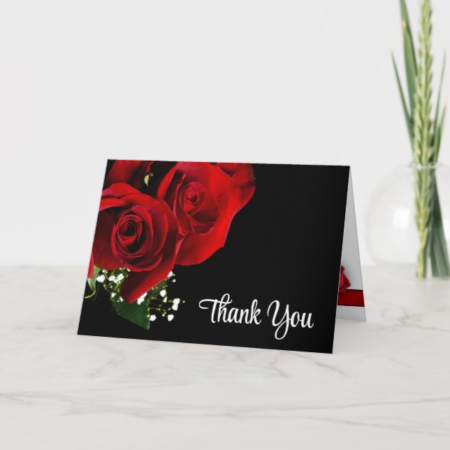 Red Roses on Black Wedding Thank You Card (Front)