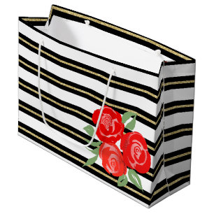 Red Roses on Black, White, Gold Gift Bag