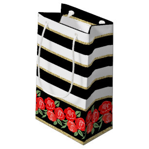 Red Roses on Black, White, Gold Gift Bag