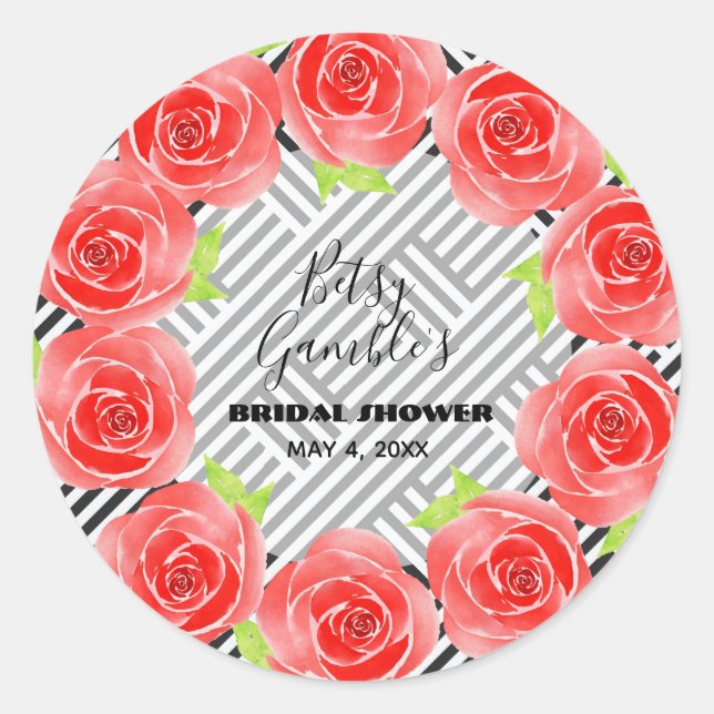 Red Roses on Black White Stripes Derby Party Classic Round Sticker (Front)