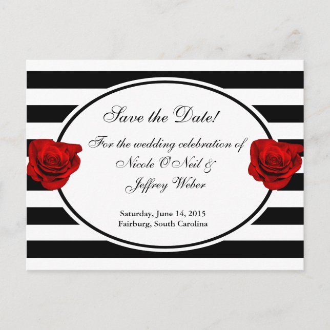 Red Roses on Black & White Wedding Save the Date Announcement Postcard (Front)