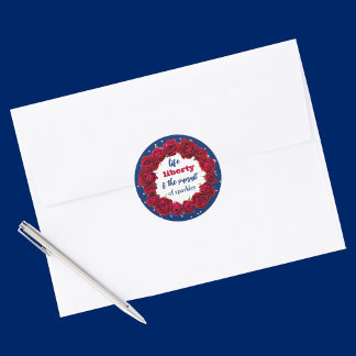 Red roses on blue starry background patriotic text classic round sticker