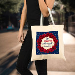 Red roses on blue starry background patriotic text tote bag<br><div class="desc">Circle of red roses on a deep blue starry background and elegant text inside the flower wreath reading 'life, liberty and the pursuit of sparkles". This design is a playful nod to the American flag without using the stars and stripes in their traditional arrangement. Perfect theme for a patriotic lady....</div>