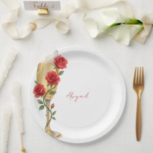 Red Roses on Champagne Personalised Name  Paper Plate