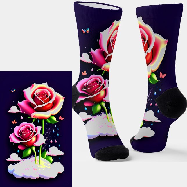 Red Roses on Cloud & Butterfly on Dark Blue Socks (Creator Uploaded)