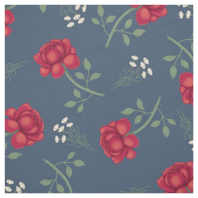 Red Roses on Dusky Blue Calico Fabric (Swatch)