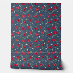 Red Roses on Dusky Blue Calico Wallpaper