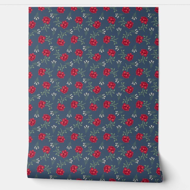 Red Roses on Dusky Blue Calico Wallpaper (Unrolling)