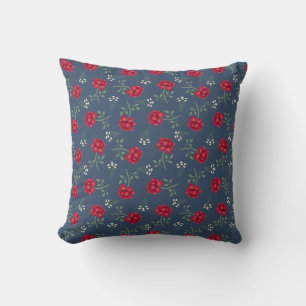 Red Roses on Dusky Blue Oversized Calico Cushion