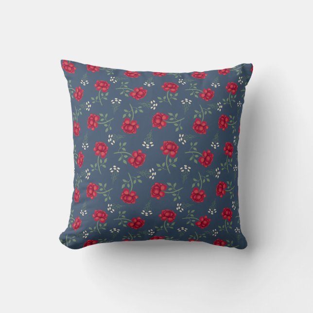 Red Roses on Dusky Blue  Oversized Calico  Cushion (Front)
