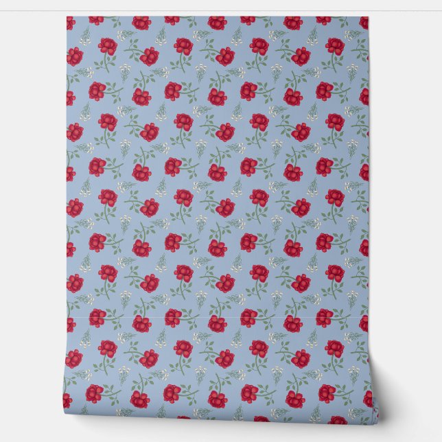 Red Roses on Light Blue Calico Wallpaper (Unrolling)