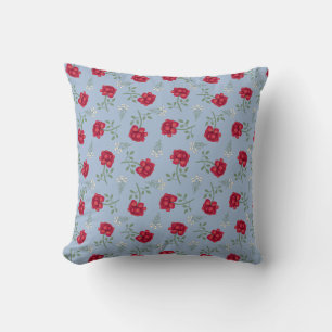 Red Roses on Light Blue Oversized Calico Cushion