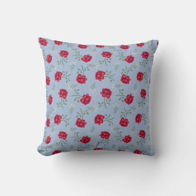 Red Roses on Light Blue Oversized Calico Cushion (Front)