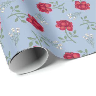 Red Roses on Light Blue Oversized Calico Wrapping Paper
