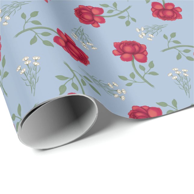 Red Roses on Light Blue Oversized Calico Wrapping Paper (Roll Corner)