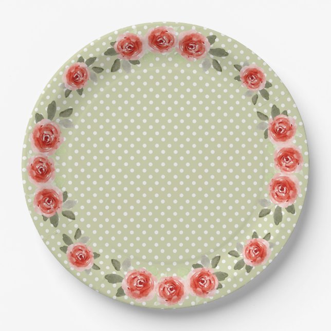 Red Roses on Lime and White Dots Paper Plate (Front)