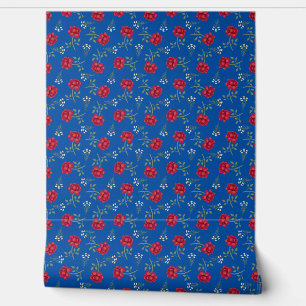 Red Roses on Medium Blue Calico Wallpaper