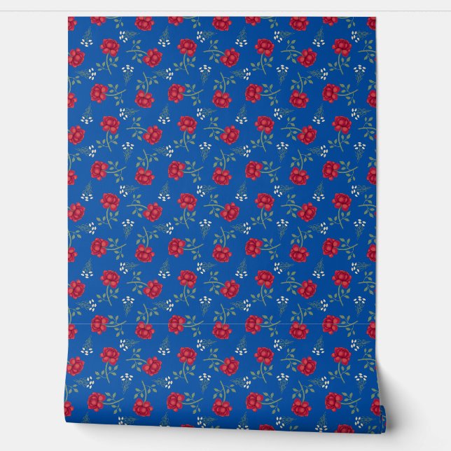 Red Roses on Medium Blue Calico Wallpaper (Unrolling)