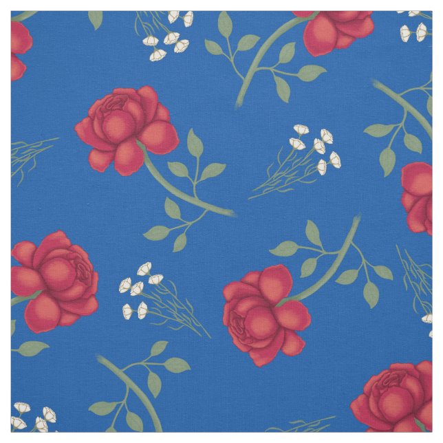 Red Roses on Medium Blue Oversized Calico Fabric (Swatch)