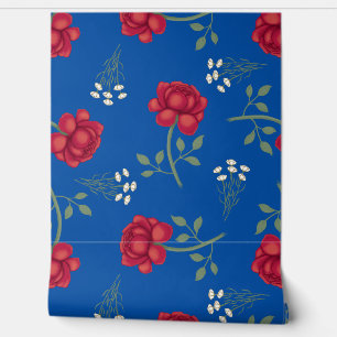 Red Roses on Medium Blue Oversized Calico Wallpaper