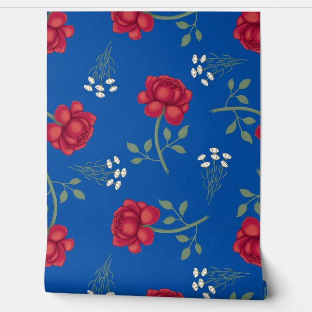 Red Roses on Medium Blue Oversized Calico Wallpaper (Unrolling)