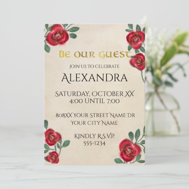 Red Roses on Parchment Paper Invitation (Standing Front)