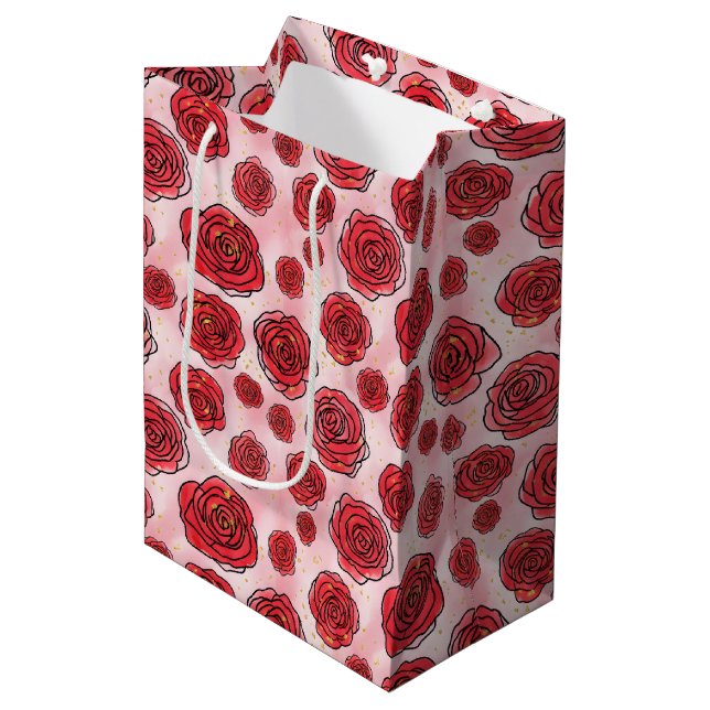 Red Roses on Pink Watercolor Pattern Medium Gift Bag (Front Angled)