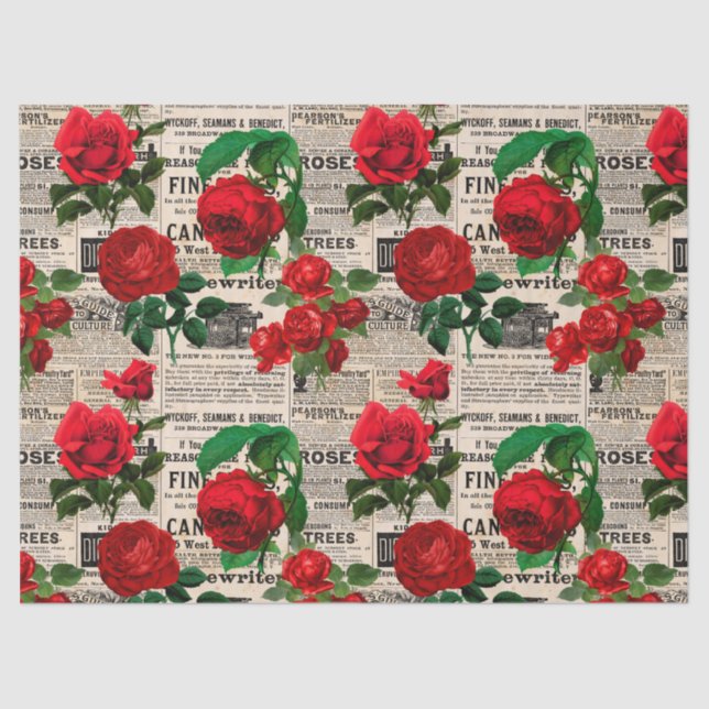 Red Roses on Vintage Newsprint Decoupage Tissue Paper (Front)