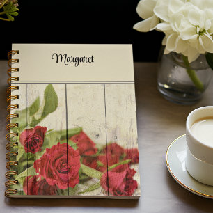 Red Roses on Weathered Wood Background Spiral Notebook