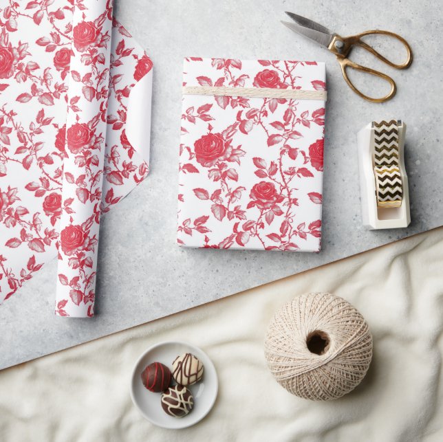 Red Roses on White Toile De Jouy Wrapping Paper (Crafts)