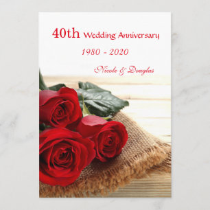 Red roses on wood 40th Wedding Anniversary Invite