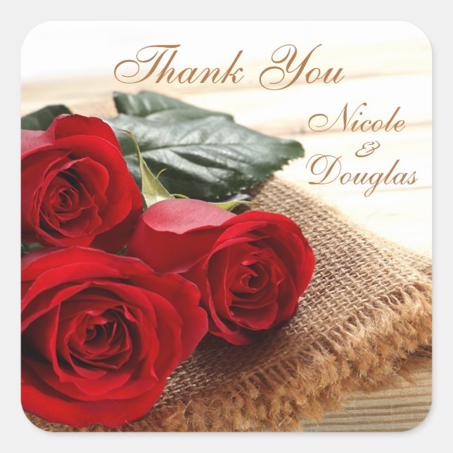 Red roses on wood Wedding Thank you Sticker (Front)