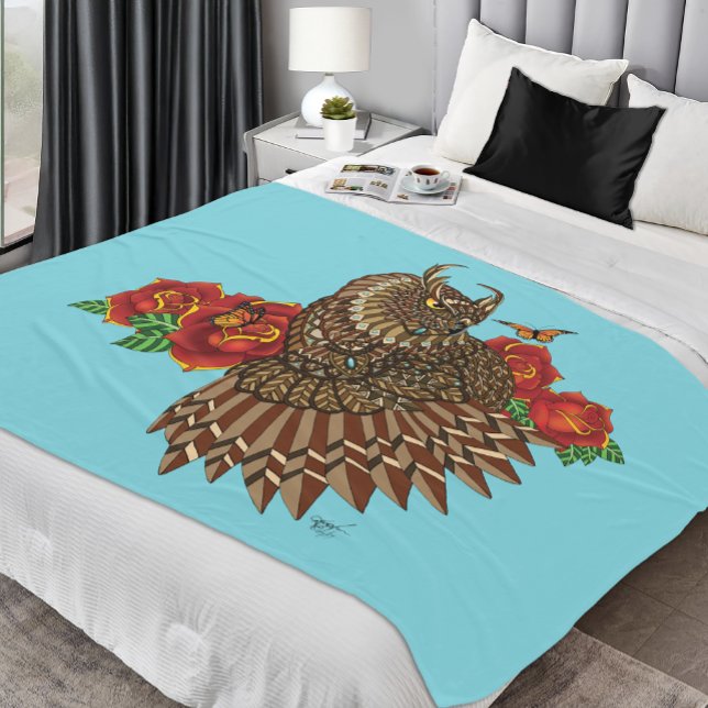 Red Roses Owl Blue Fleece Blanket (Creator Uploaded)