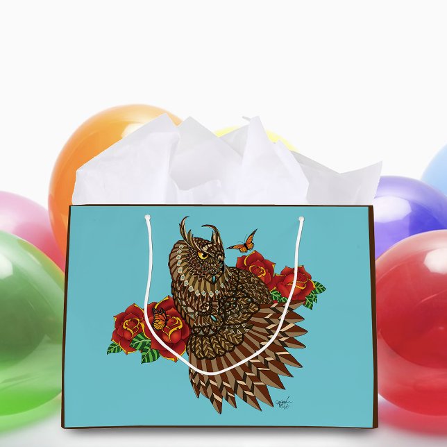 Red Roses Owl Blue Large Gift Bag (Creator Uploaded)
