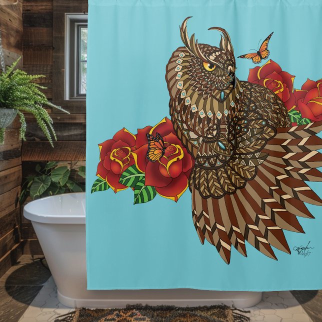 Red Roses Owl Blue Shower Curtain (Creator Uploaded)