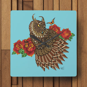 Red roses Owl Blue Square Wall Clock