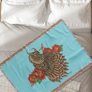 Red Roses Owl Blue Throw Blanket