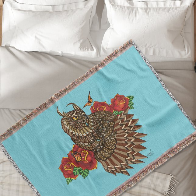 Red Roses Owl Blue Throw Blanket (Creator Uploaded)